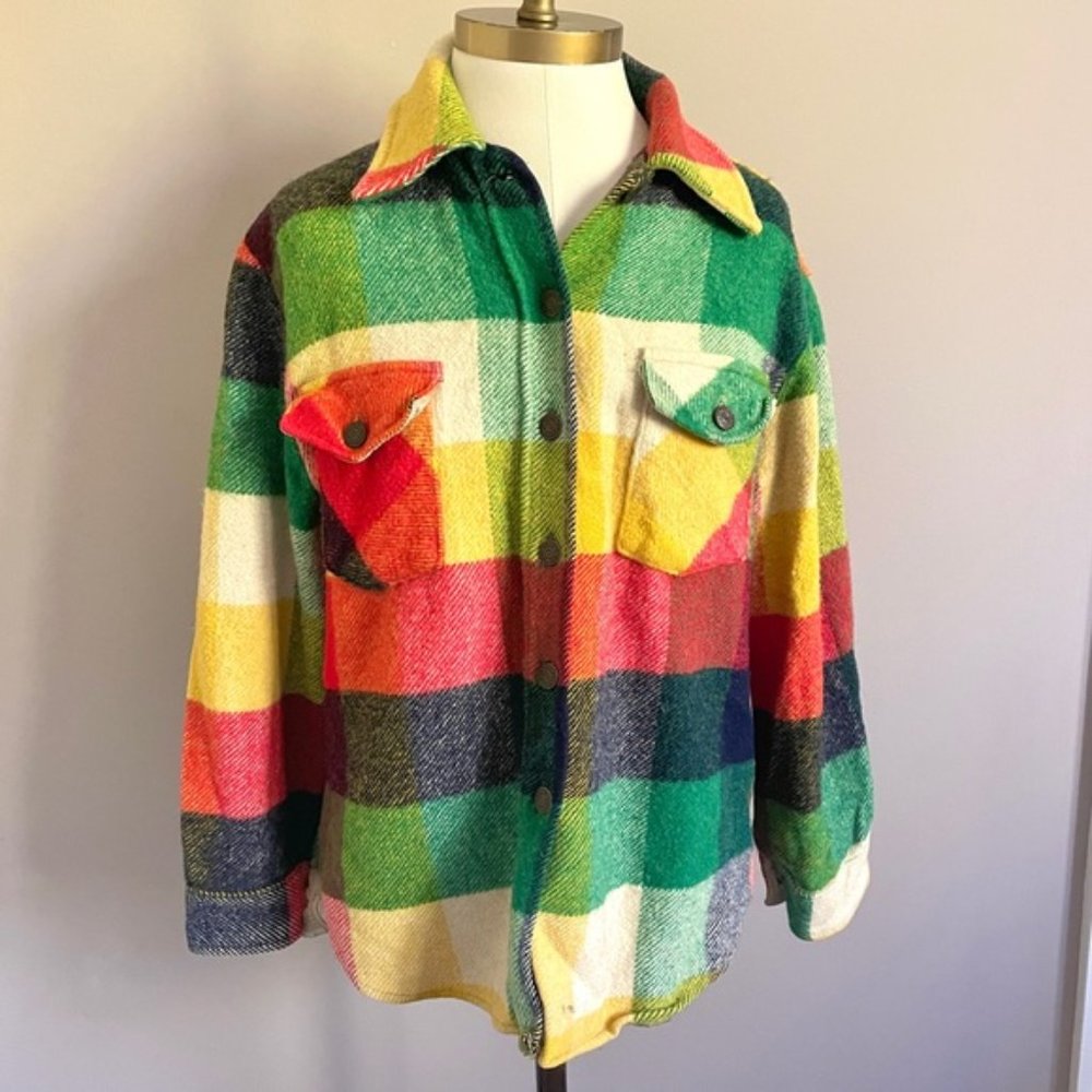 Vintage 70s HBC Coloured Plaid Wool Collared Bell Shirt Shacket - XS/S - Picture 2 of 8